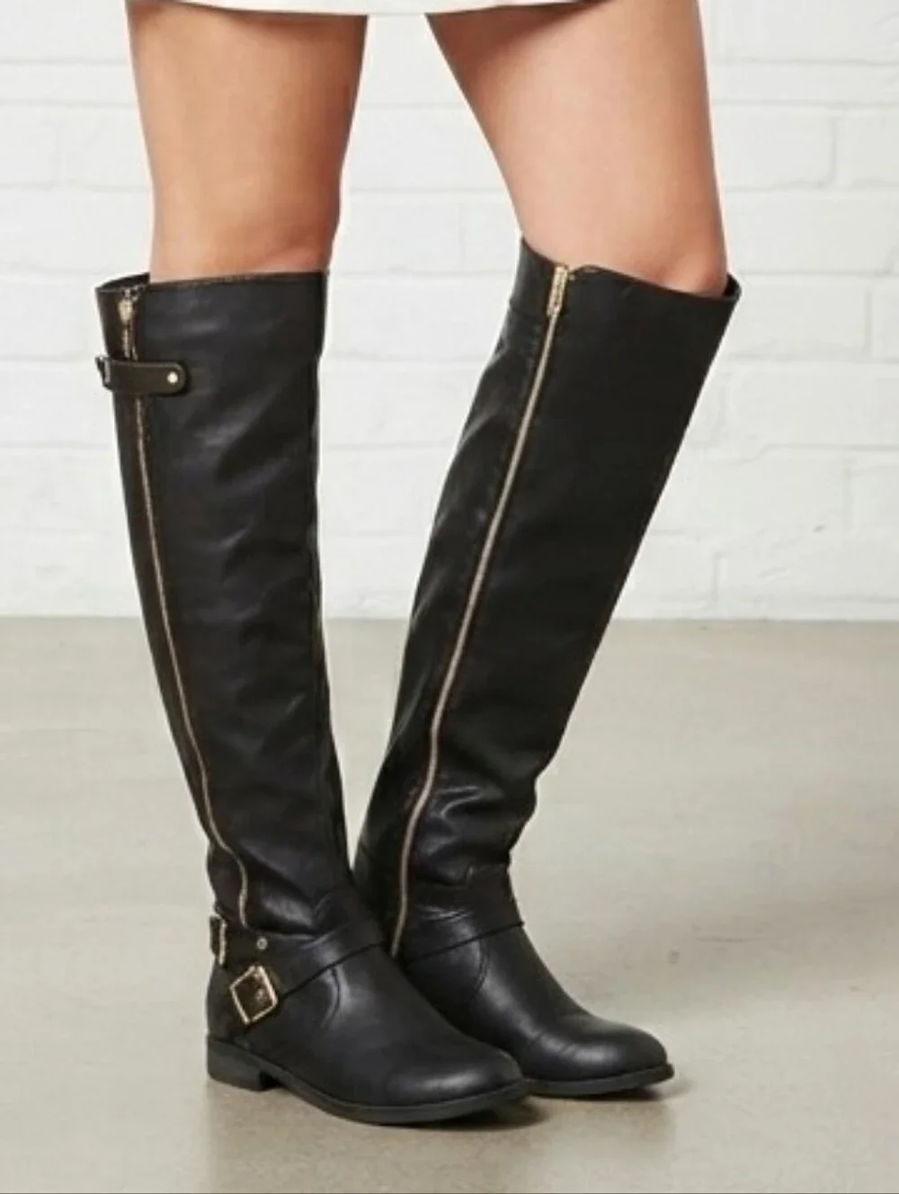 Black Knee High Boots Zip Buckle Riding Sz 6.5 Forever